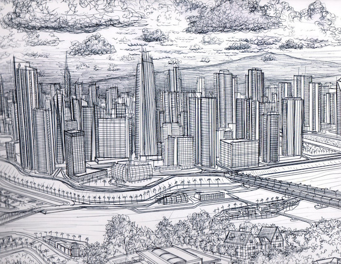 black and white, pencil sketch, easy drawings for beginners, city skyline, large skyscrapers