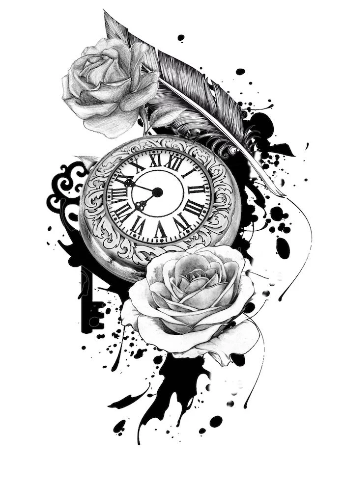 black and white sketch, pocket watch, roses around it, roman numerals, white background, roman numerals birthday tattoos