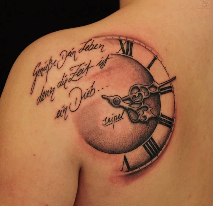 clock and a motivational quote, shoulder tattoo, birthday tattoos, black background