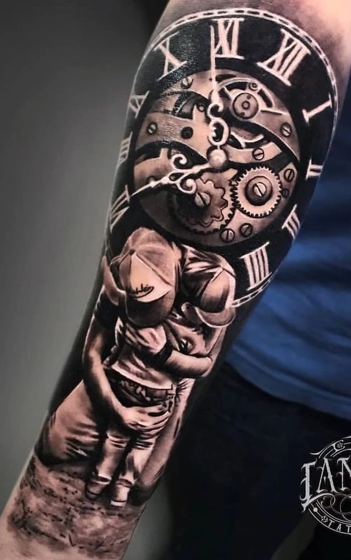 roman numeral tattoo font, large clock, boy and man hugging, forearm tattoo