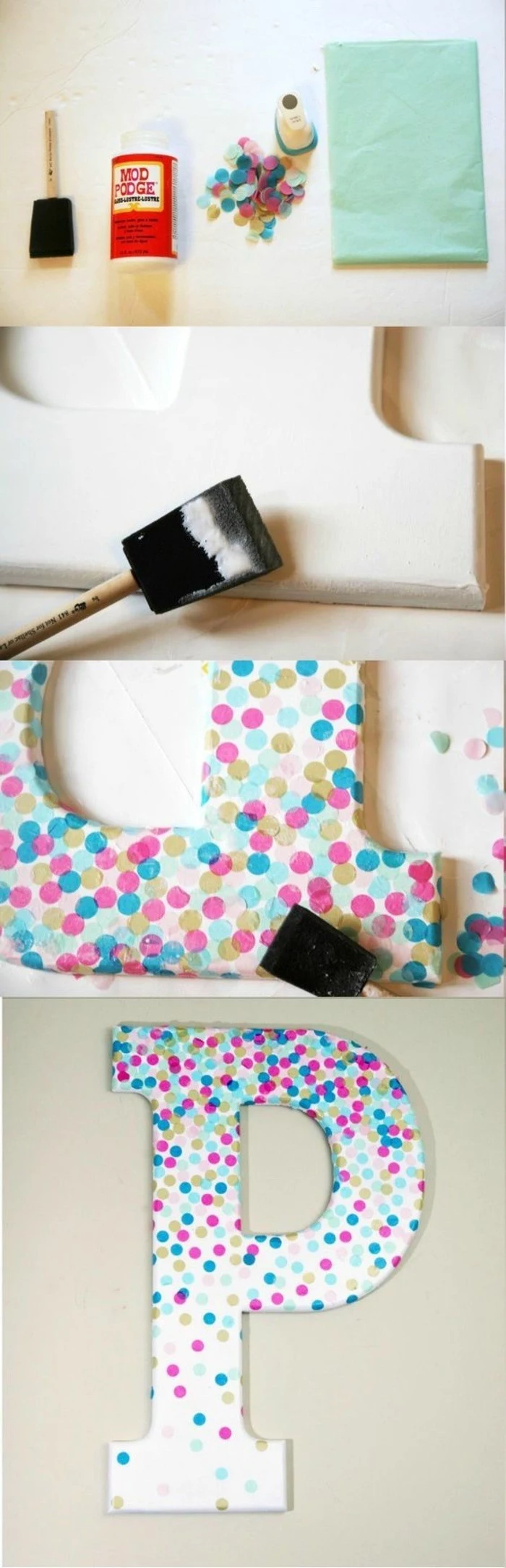 colourful confetti, glued to white carton, in the shape of the letter p, cool art designs, diy tutorial