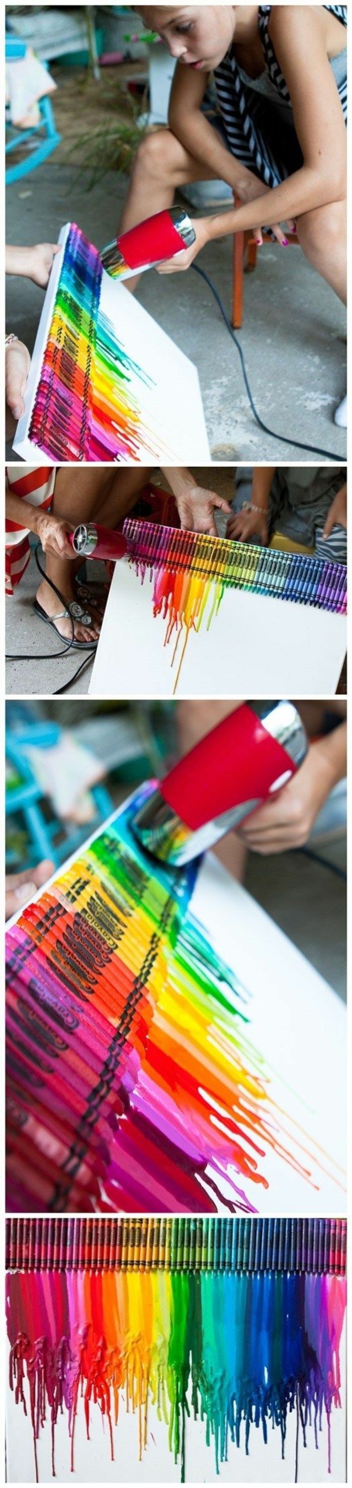 step by step, diy tutorial, melting crayons, cool art designs, colourful crayons, on a white canvas
