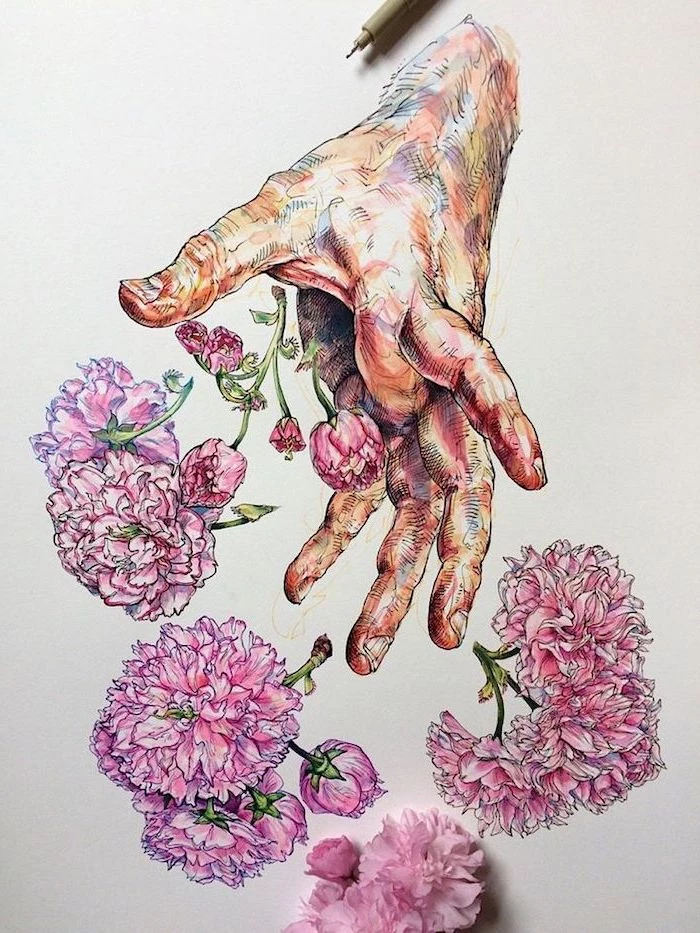 colourful sketch, of a hand, throwing pink flowers, white background, easy drawings for beginners