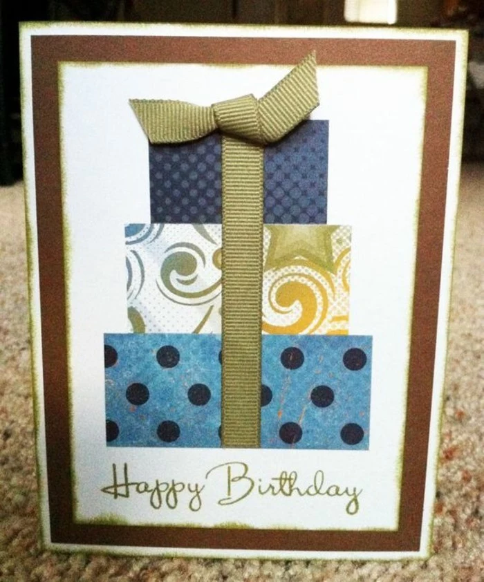 three part gift, green ribbon, white card stock, birthday card design, patterned wrapping paper