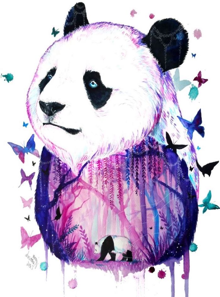 small panda, inside a large panda, watercolour painting, butterflies around, cool things to draw