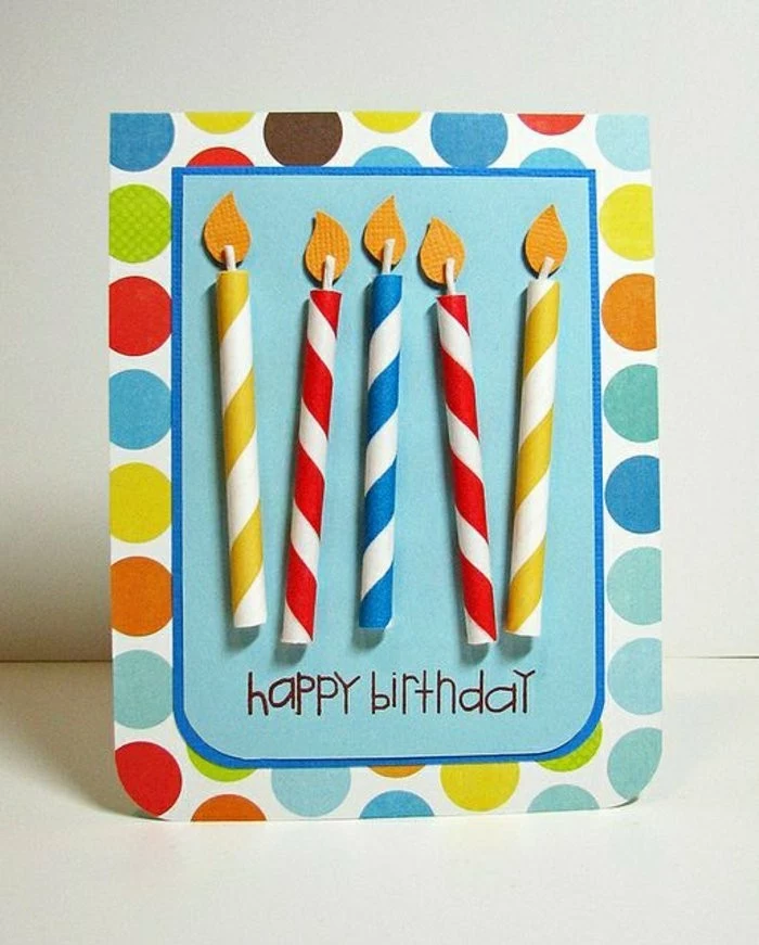candles made out of paper, colourful card stock, birthday card design, white background