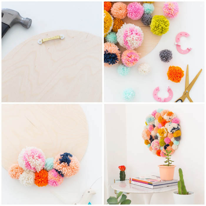 colourful pom poms, glued to a wooden board, hanging on a white wall, girl room decor ideas