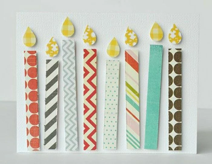 candles made of paper, on a white card stock, patterned paper, funny things to write in a birthday card