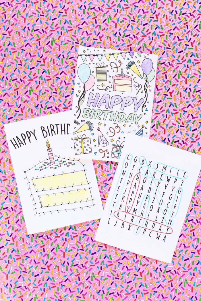connect the dots, find the words, colouring greeting cards, diy birthday cards, pink sprinkled background