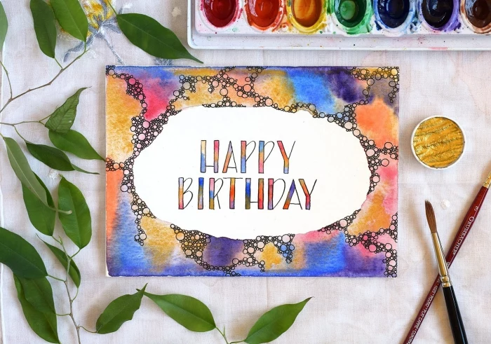 happy birthday, watercolour greeting card, homemade birthday cards, white paint, paintbrushes and paint