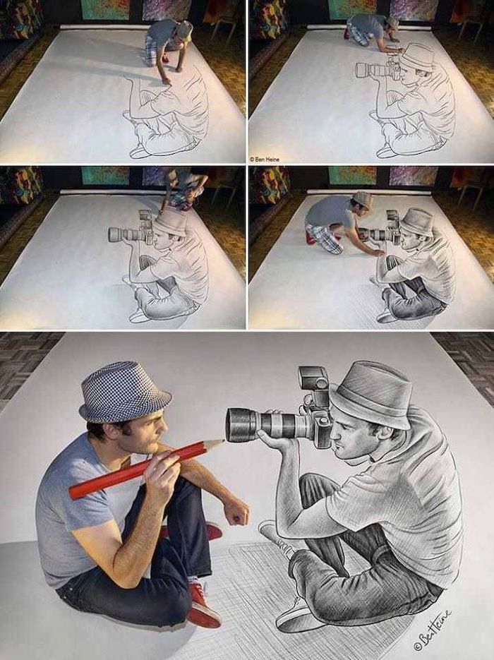 what to draw when bored, 3d art, drawing of a man, sitting down, taking pictures, large photo camera