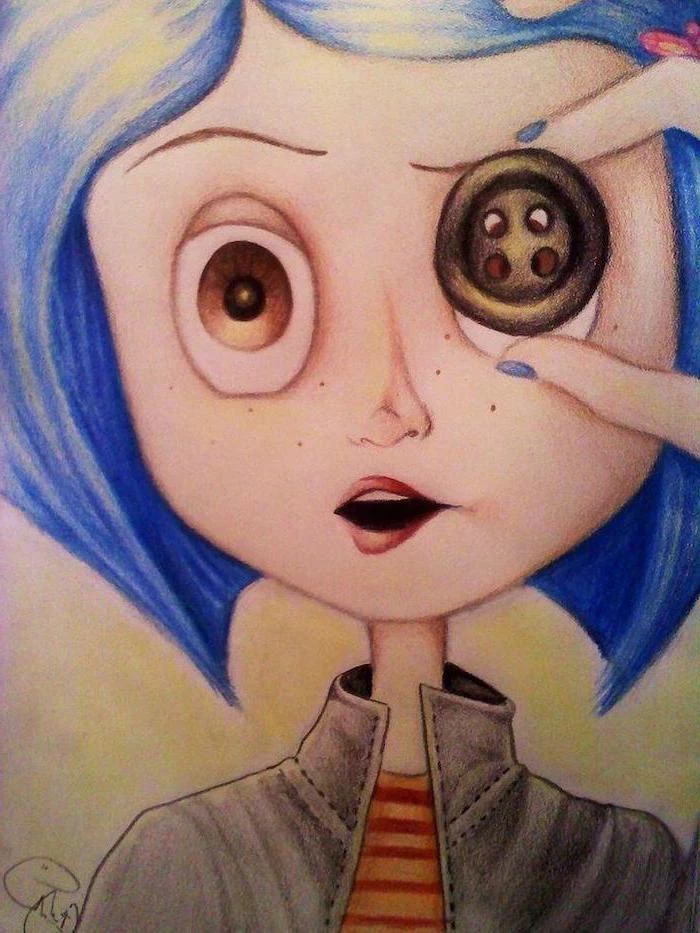 coraline inspired, coloured pencils sketch, what to draw when bored, blue hair, brown button