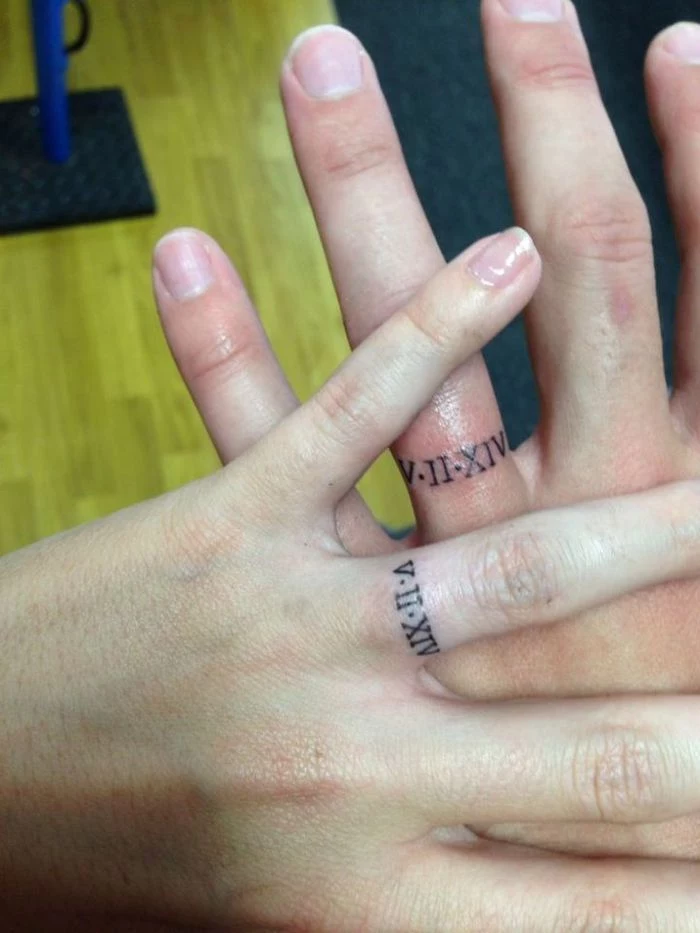 couples matching tattoos, ring finger tattoo, roman numeral tattoo font