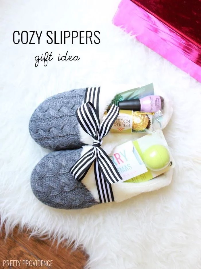 housewarming ideas, cozy slippers, gift idea, filled with chocolates, lip balm, nail polish, face masks