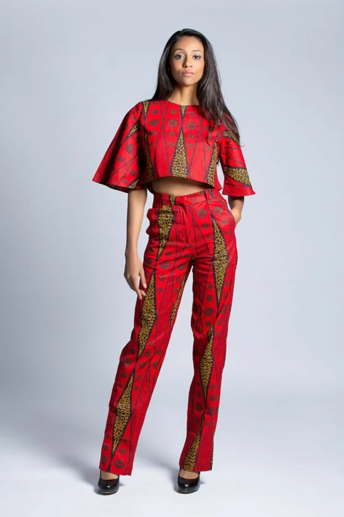 printed crop top, long trousers, african print fabric, black high heels, white background