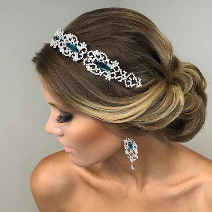 crystal diadem, dark blonde hair, with highlights, in a low updo, braids for long hair, blue velvet ribbon