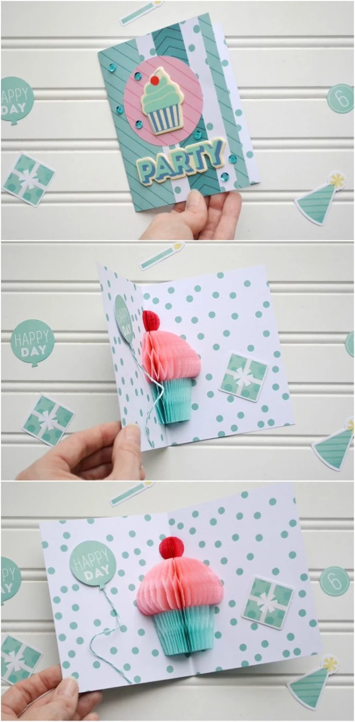 pop up greeting card, blue and pink cupcake, made out of crepe paper, how to make a birthday card