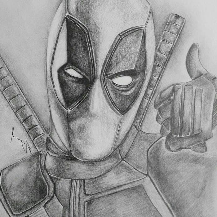 deadpool inspired, black and white, pencil sketch, what to draw when bored, pencil portrait