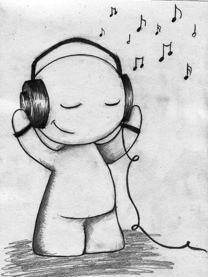 cute creature, listening to music, black and white, pencil sketch, what to draw when bored, cool things to draw for beginners