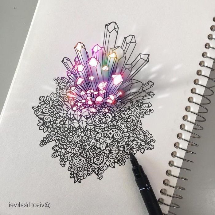 black and white, marker doodle, colourful crystals, 3d art, easy drawing tutorials, white background