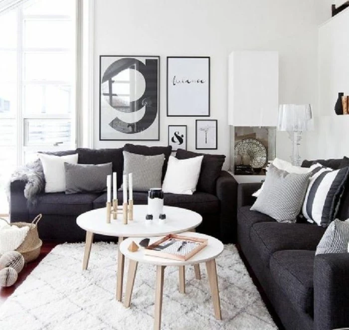 framed hanging art, white wooden coffee tables, grey sofas, best color for living room walls, white carpet