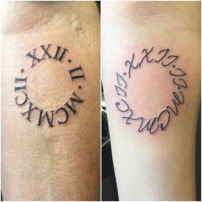 round design, roman numeral tattoo ideas, cursive font, forearm tattoos