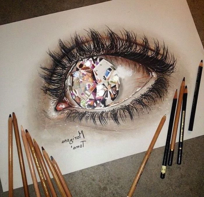large diamond, inside an eye, cool easy drawings, 3d art, coloured pencils, white background