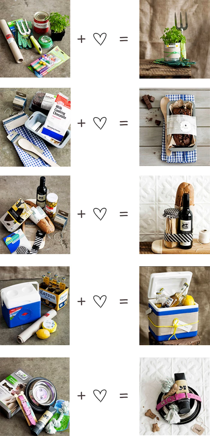 different gift basket ideas, good housewarming gifts, side by side photos, ingredients and result
