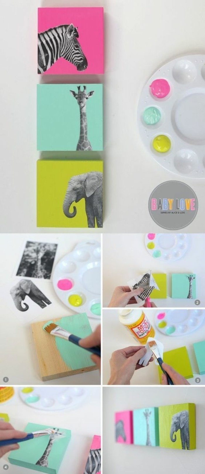 step by step, diy tutorial, painted wooden blocks, glued animal photos, girl room decor ideas