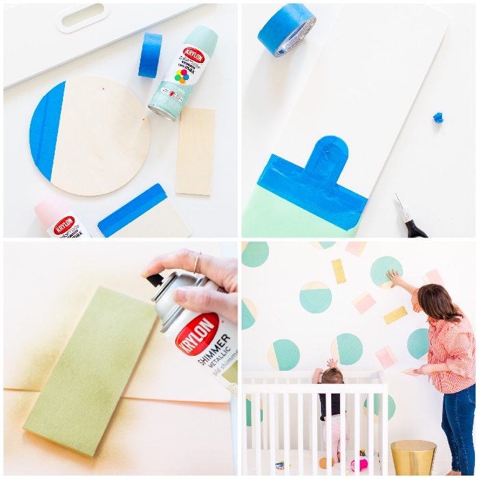 step by step, diy tutorial, bedroom wall decor, wooden pieces, painted with spray paint, over the baby crib