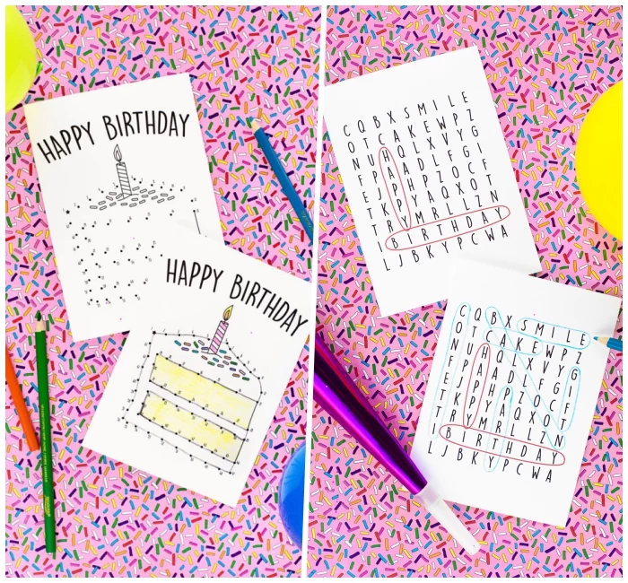 funny birthday cards, connect the dots, find the words, birthday cards with games, yellow balloons