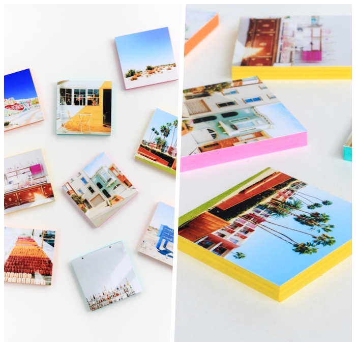 side by side pictures, wooden blocks, photos glued to them, wall decor ideas, diy tutorial
