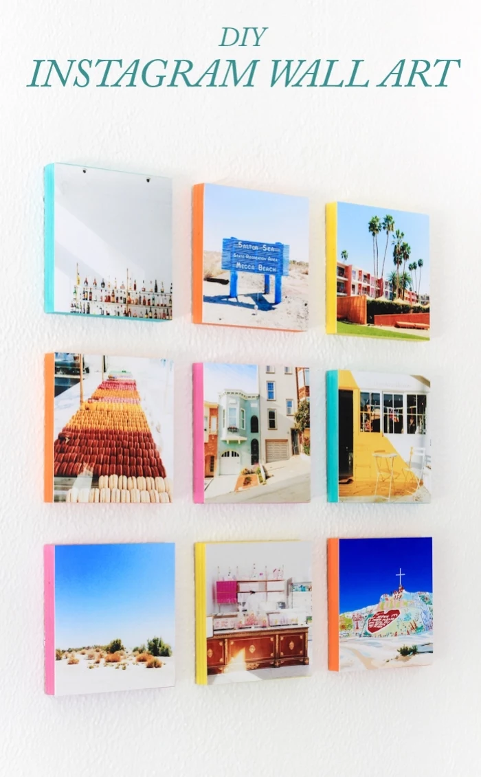 diy instagram wall art, diy wall decor, landscape photos, glued to a wooden block, hanging on a wall