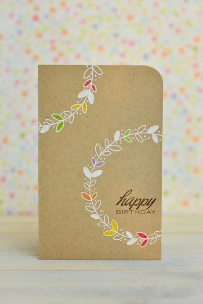 how to make a birthday card, happy birthday inscription, floral wreath, colourful background