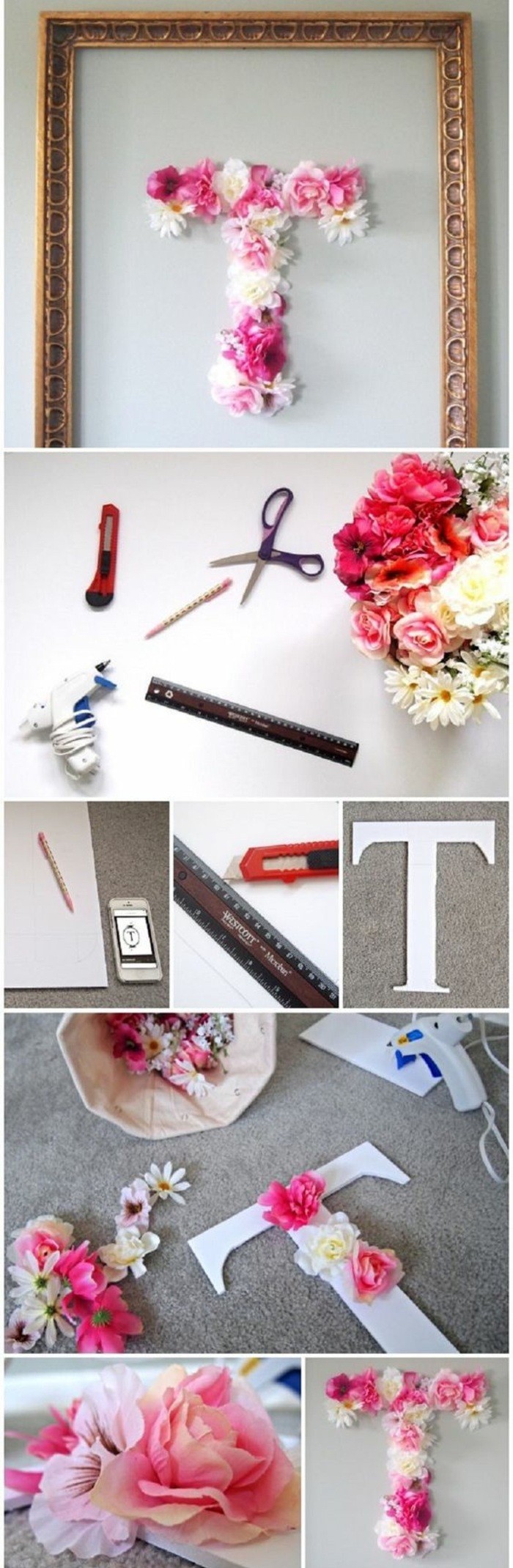 paper letter t, flowers glued to it, golden frame, cool art designs, step by step, diy tutorial
