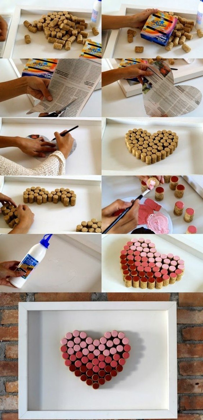 corks forming a heart, painted in pink and red, hanging wall decor, white frame, diy tutorial