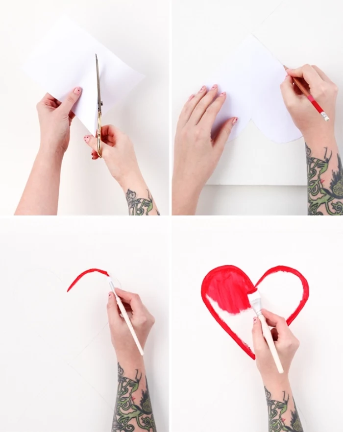 diy tutorial, diy wall art, step by step, woman drawing a heart, on a piece of paper, painting it red