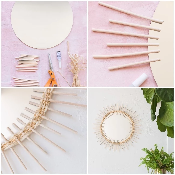 bedroom wall decor ideas, step by step, diy tutorial, round mirror, frame made out of wooden sticks