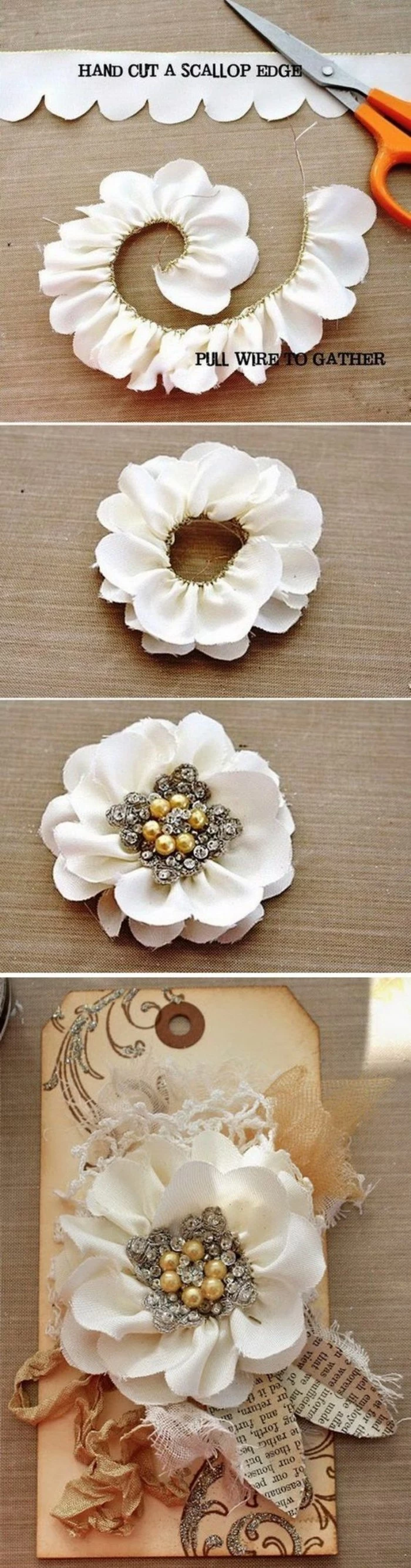 rose made of fabric, white fabric, creative birthday ideas for best friend, step by step, diy tutorial