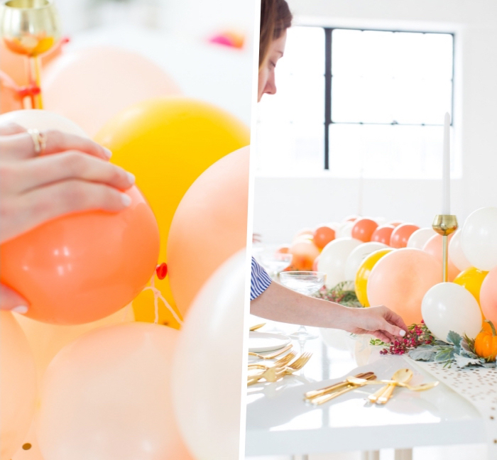 step by step, diy tutorial, centerpiece ideas, yellow orang and white balloons, table runner