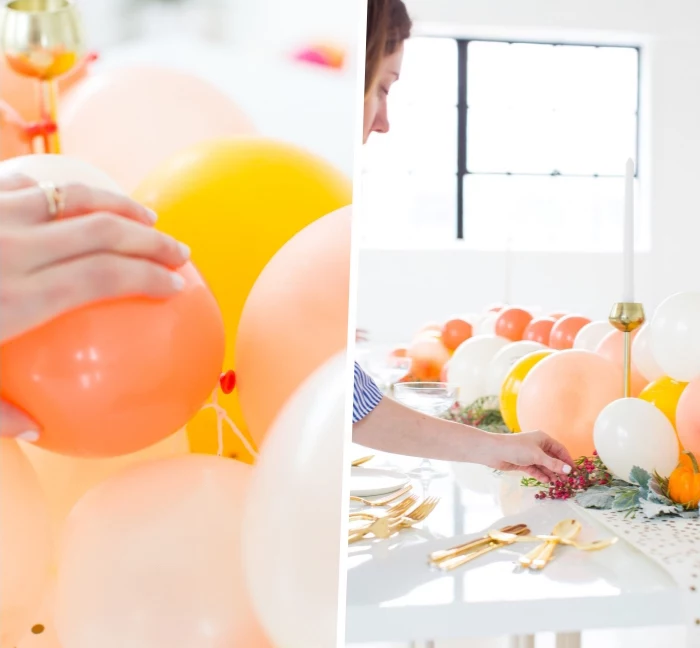 step by step, diy tutorial, centerpiece ideas, yellow orang and white balloons, table runner