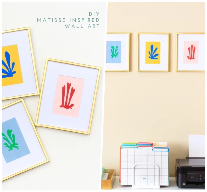 diy matisse inspired wall art, kitchen wall decor ideas, colourful paintings, in golden frames