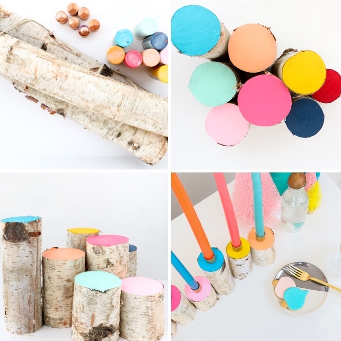 blocks of wood, painted in different colours, centerpiece ideas, colourful candles, step by step, diy tutorial