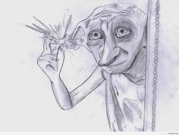 dobby the house elf, easy drawing tutorials, harry potter inspired, black and white, pencil sketch