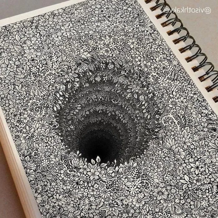 black and white, floral drawing, black hole in the middle, cute easy things to draw, doodle art, 3d art