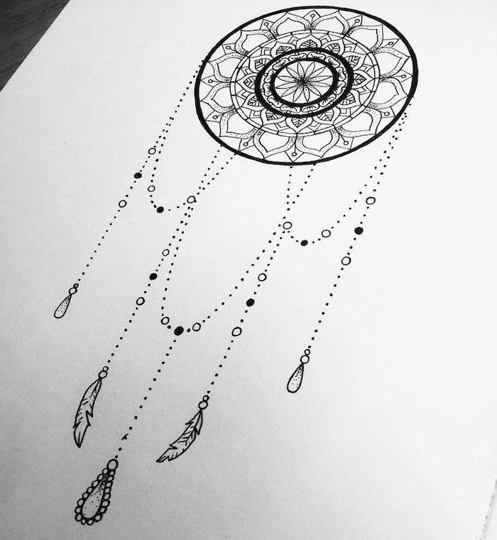 dreamcatcher drawing, black white sketch, white background, mandala tattoo