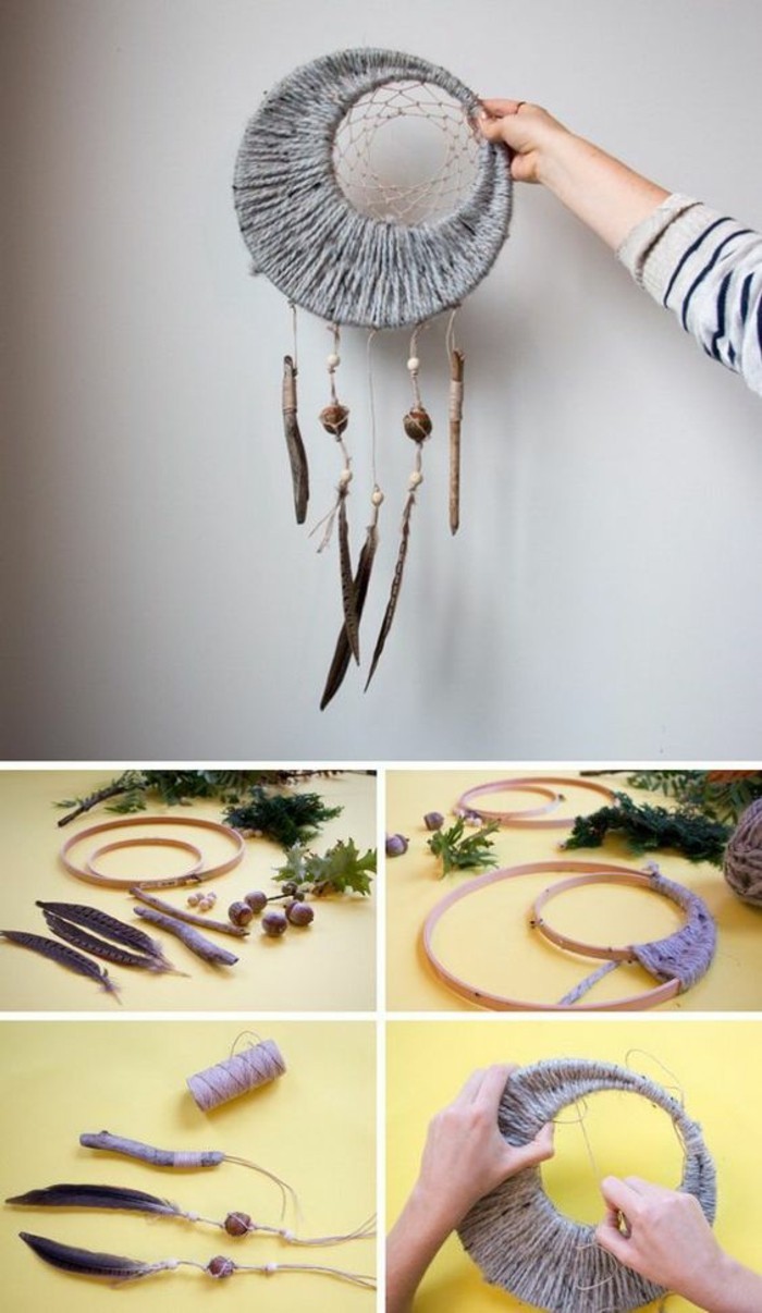 grey dreamcatcher, step by step, diy tutorial, creative birthday ideas for best friend, wooden rings