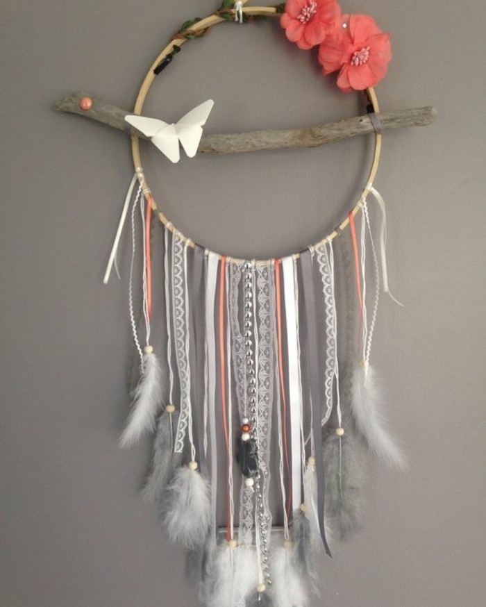colourful dreamcatcher, hanging on a grey wall, hanging wall decor, grey and white feathers, pink flowers