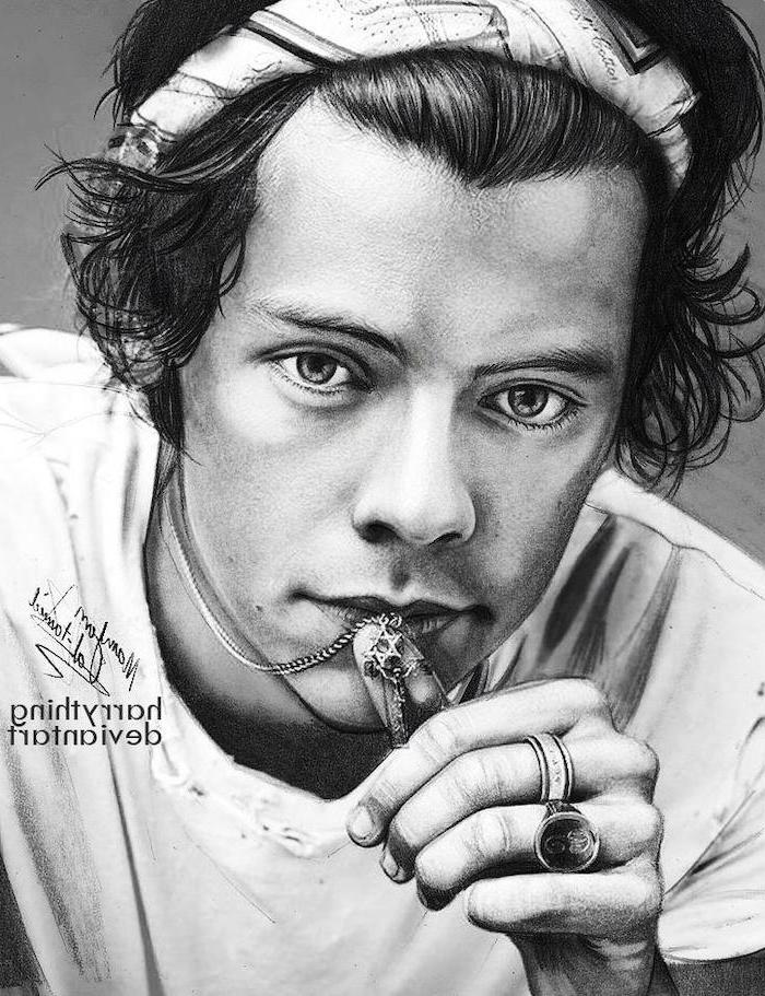 harry styles portrait, cool easy drawings, black and white, pencil sketch, curly hair, with a bandana, cool things to draw easy step by step