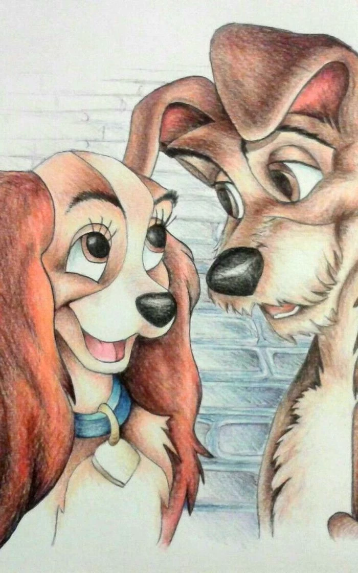 cute easy things to draw, lady and the tramp, coloured pencils drawing, cool things to draw for beginners